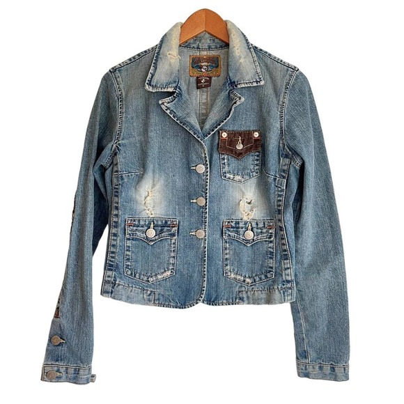 Vintage Rare True Religion World Tour Distressed Denim Jacket Women’s Size M - Picture 4 of 10